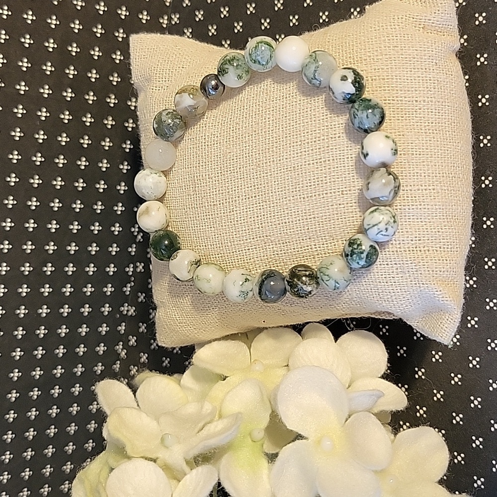 Tree Moss Agate 8mm Stretch Gemstone Bracelet NWOT